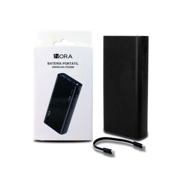 power bank 1hora de 20000 mAh de color negro en caja